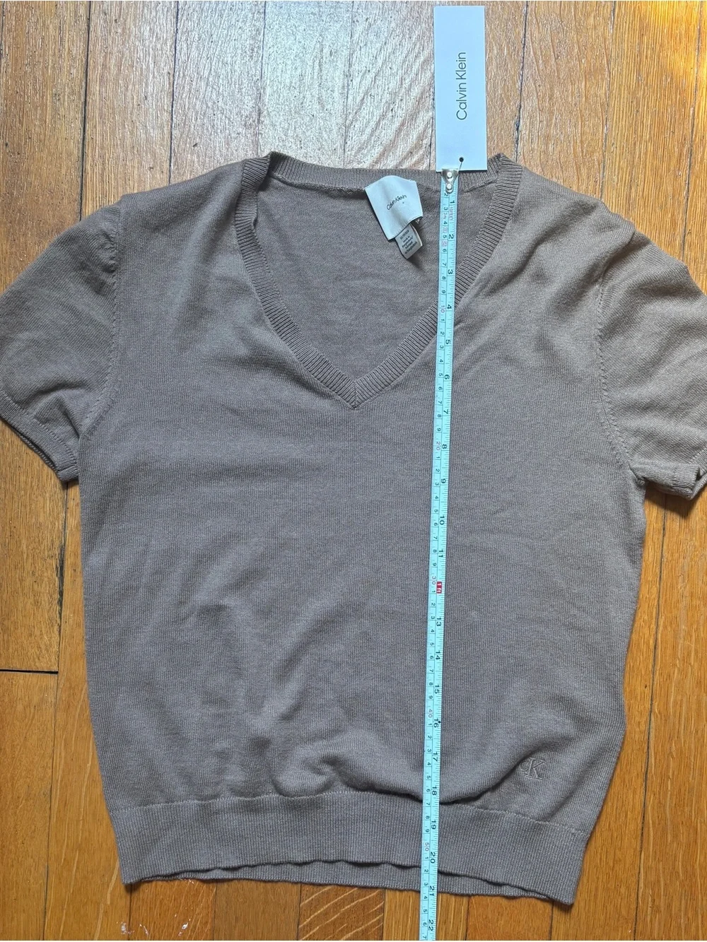 Calvin Klein Short Sleeve V-Neck Knit Top in Taupe Brown